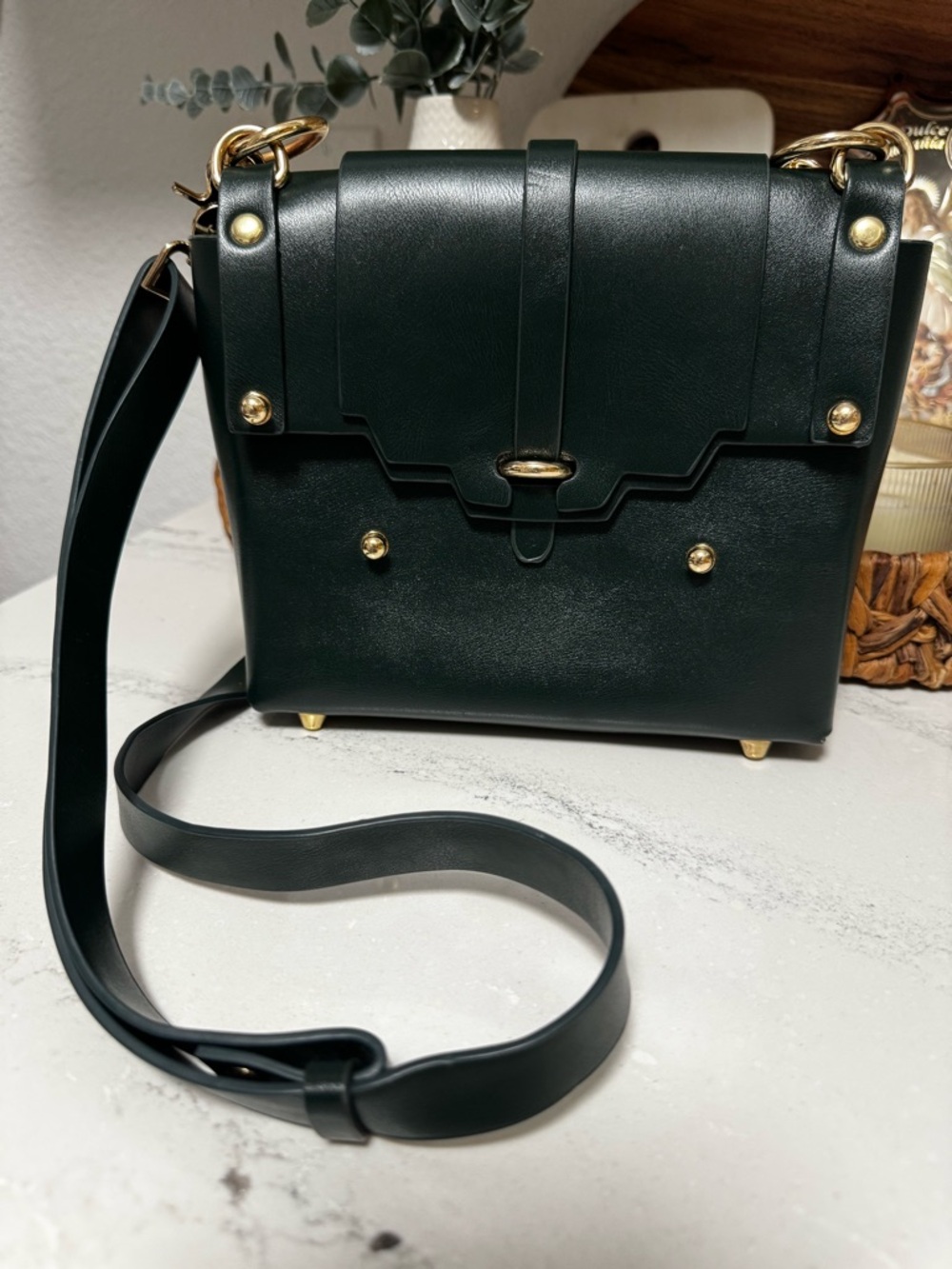Dark Green Structured Crossbody Bag with Gold Hardware